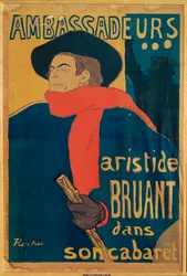 Aristide Bruant, Sänger und Komponist, auf einem Plakat, das seinen Auftritt im eleganten Nachtclub "Les Ambassadeurs" auf den Champs Elysees ankündigt