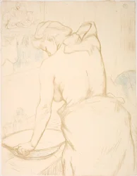 Frau, die sich wäscht, die Toilette