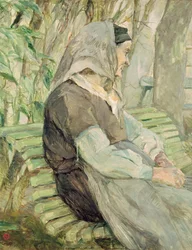 Alte Frau auf einer Bank in Celeyran