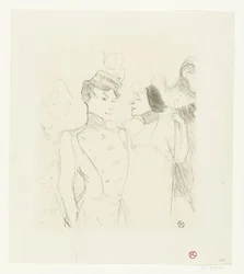 Porträt der Schauspielerinnen Marcelle Lender und Eve Lavallière in einer Revue im Théâtre des Variétés