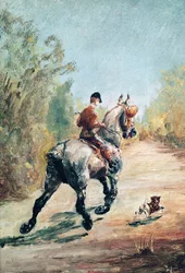 Trabender Reiter mit einem kleinen Hund, 1879