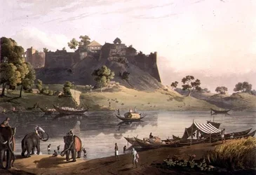 Ruinen des Forts bei Juanpore am Fluss Goomtee, Platte V, graviert von Daniel Havell (1785-1826) 1809