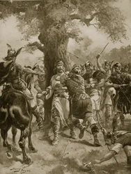 Der heilige Edmund wird von den Dänen erschlagen, 870 n. Chr., Illustration aus „Hutchinsons Geschichte der britischen Nation“, um 1920