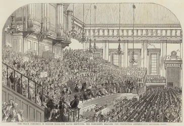 Der Friedenskongress in der Exeter Hall, Sir David Brewster, der Präsident, hält die Eröffnungsrede