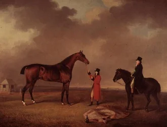 Braunes Pferd mit Stallbursche auf Newmarket Heath