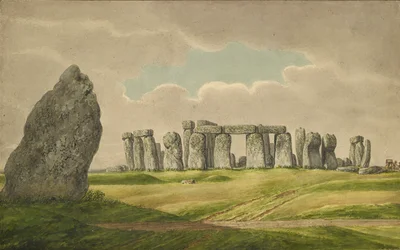 Stonehenge von Nordosten, zeigt Ruinen und Fersenstein mit Wagen, Pferd, Person, 1824-1839