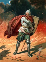 Christian, der Pilger des Titels, im Kampf mit Apollyon, dem Zerstörer, dem Engel des Abgrunds