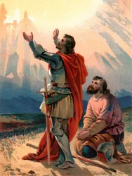 Christian, der Pilger des Titels, kniet in Verwunderung, als er und sein Begleiter die Heilige Stadt erblicken