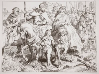 Hereward bewacht Alftruda an einen sicheren Ort, Illustration aus Hereward the Great von Charles Kingsley, veröffentlicht 1870, graviert von C.G. Lewis