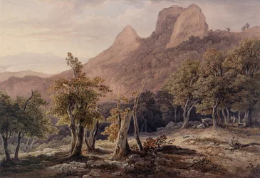 Felsige Landschaft mit Figuren und einem See im Hintergrund