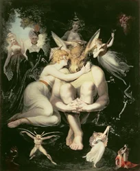 Titania erwacht, umgeben von begleitenden Feen, die Bottom umklammern, der immer noch den Eselskopf trägt, 1793-4