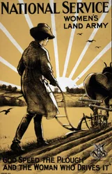 Erster Weltkrieg: „Eine junge Frau pflügt das Land“ Propagandaposter für die Frauenlandarmee 1917 Illustration von Henry George Gawthorn (1879-1941)