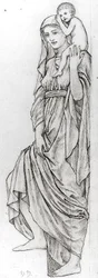 Studie einer stehenden weiblichen Figur, die ein Kind auf ihrer linken Schulter hält