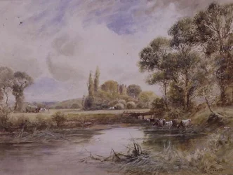 Landschaft mit Wiesen und trinkendem Vieh