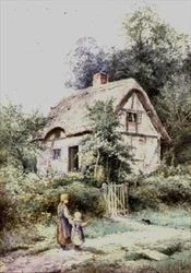 Zwei Mädchen und ein Kätzchen bei einem strohgedeckten Cottage