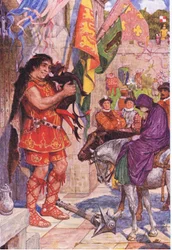 Flibbertibbet als Teufel verkleidet beruhigt den Riesen, als Wayland Amy zur Burg Kenilworth bringt, Illustration aus Kenilworth, ca. 1910