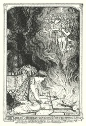 Königin Althea beobachtet den brennenden Scheit, während Meleager draußen stirbt (Lithografie)