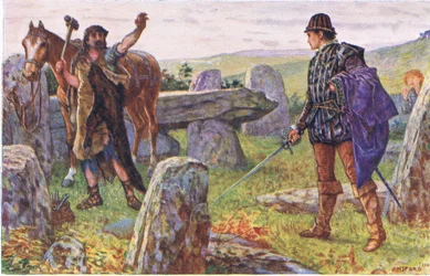 Tresilian konfrontiert den mysteriösen Hufschmied, Illustration aus Kenilworth, ca. 1910