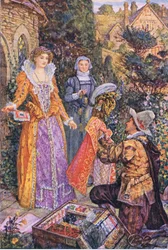 Wayland spielt die Rolle eines Hausierers im Garten, Illustration aus Kenilworth, ca. 1910