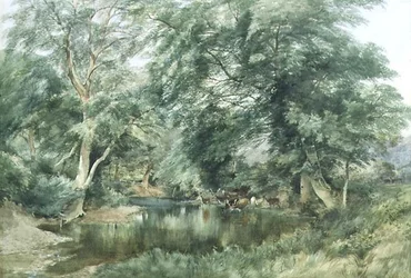 Landschaft mit trinkenden Hirschen an einem Fluss
