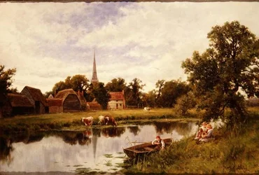 Landschaft mit Bauernhof und Vieh