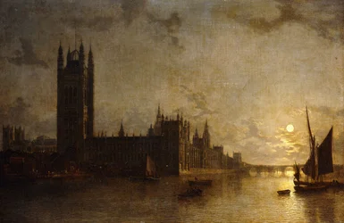 Westminster Abbey, die Houses of Parliament mit dem Bau der Westminster Bridge, 1859