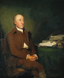 Porträt von Dr. James Hutton, sitzend, dreiviertel Länge in brauner Jacke und Kniebundhosen und weißem Halstuch, ein Stapel geologischer Proben auf dem Tisch neben ihm
