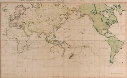 Allgemeine Karte, die die Entdeckungen von Kapitän James Cook in dieser und seinen beiden vorhergehenden Reisen mit den Routen der Schiffe unter seinem Kommando zeigt. Von Leutnant Roberts von seiner Majestät Marine