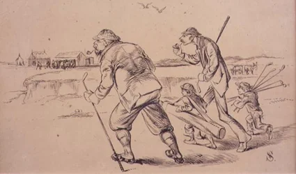 Golfer auf dem Weg zum Üben am Strand, Illustration aus dem 