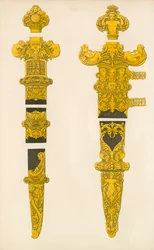 Die Zierstücke eines Dolches und Schwertes, entworfen von Holbein, frühes 16. Jahrhundert