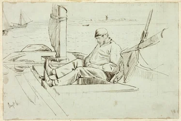 Mann sitzt in einem Segelboot