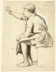 Sitzender Mann mit erhobenem Arm