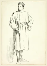Stehender Mann mit Stock, Hand in der Hüfte
