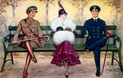 Mädchen auf Bank, mit Soldat und Matrose auf beiden Seiten