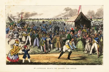 Englische Gentlemen wetten auf ein ungewöhnliches Fußrennen während eines Pferderennens auf dem Champs de Mars, Paris