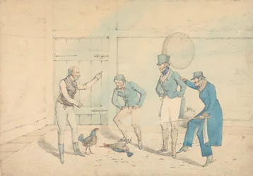 Ein von vier Männern in einem Nebengebäude beobachteter Hahnenkampf: Der Tod, als Tafel 40 in „The National Sports of Great Britain“ gestochen