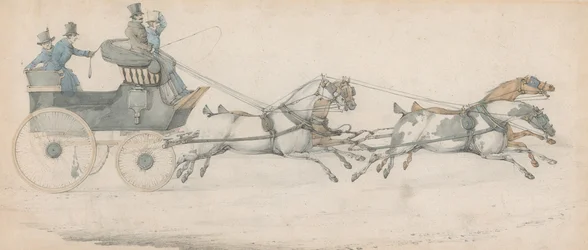 Ein Herr, der einen von vier Pferden gezogenen Mail-Phaeton lenkt, begleitet von drei Stallknechten