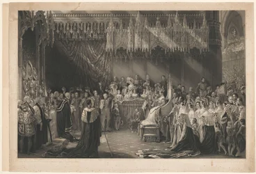 Krönung von Königin Victoria von England. Nach George Hayter, mit der Adresse von Graves und Warmsby. Holzschnittskizze und Legende beigefügt