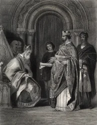 Heinrich II. überreicht die Bulle des Papstes dem Erzbischof von Cashel, graviert von G. Greatbach