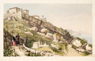 Begräbnisstätte britischer Offiziere auf dem Burghügel von San Sebastián, aus „Skizzen der Landschaft in den baskischen Provinzen Spaniens, mit einer Auswahl nationaler Musik“, veröffentlicht 1838