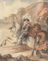 Ein Kavallerieoffizier (Heinrich IV.) führt einen Angriff vor einer Burg an