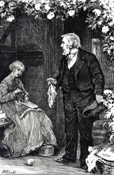 Gravur, die eine Frau beim Stricken darstellt