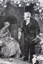 Frau strickt mit vier Nadeln