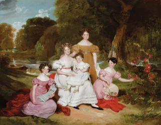 Gruppenporträt der Familie Ward Hunt in einer Landschaft vor einem Fluss