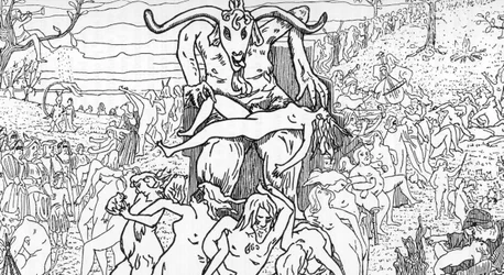 Darstellung einer Sabbatszene, die von Hexen unter dem Vorsitz von Satan versammelt wird und zu Orgien führt. Zeichnung von Henry de Malvost aus „Satanismus und Magie“ von Jules Bois 1895. Private Sammlung