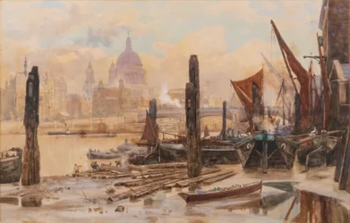 Verankerte Themse-Schuten; St. Pauls und Blackfriars Bridge in der Ferne