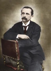 Porträt von J.M. Barrie, fotografiert von Barraud im Jahr 1893 - James Matthew Barrie (1860-1937), schottischer Schriftsteller, Schöpfer von Peter Pan - Farbige Fotografie.