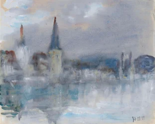 Die Kapellbrücke und Kathedrale, Luzern, Schweiz, an einem regnerischen Tag