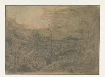 Felsige Landschaft mit einem Mann, der nach rechts geht, erste Version