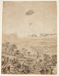 Panoramische Landschaft mit Bauern, Fischern und einer Dorfkirche